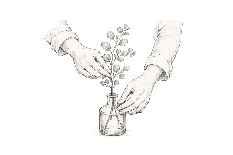 Fine line drawing of hands arranging eucalyptus to represent THE METHOD